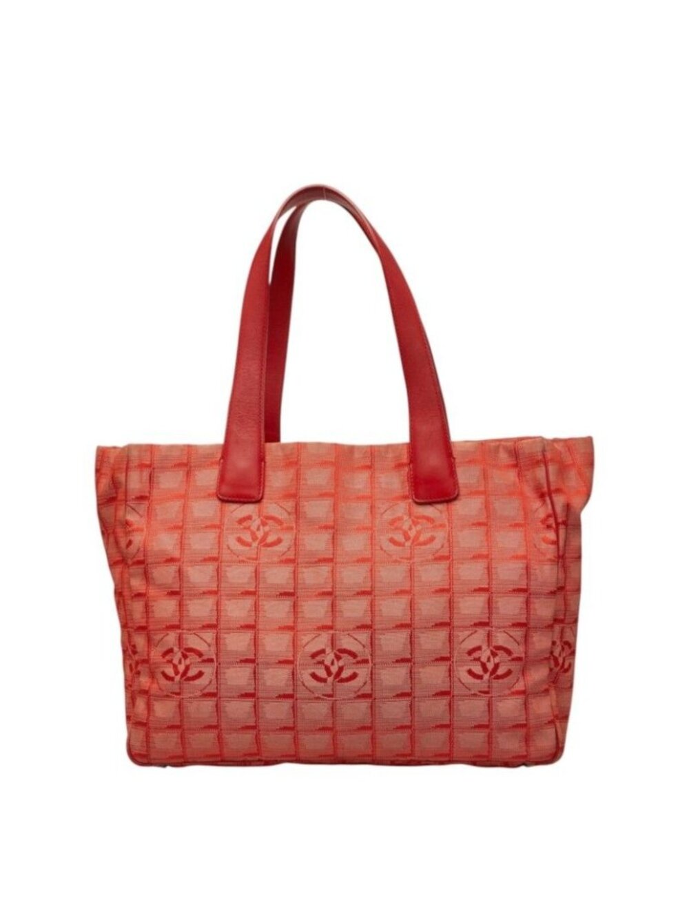Chanel CC Logo New Travel Line MM Tote Shoulder Bag Red Nylon Leather